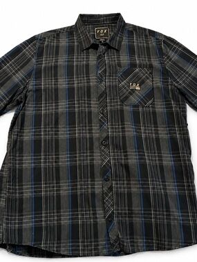 Fox Men’s Black Plaid Button-Down Shirt with Blue Accents